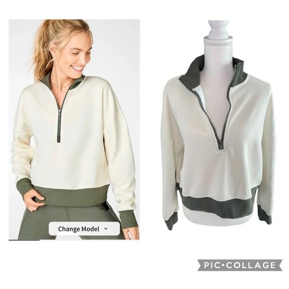 Fabletics Tops - Fabletics Catarina Mock Neck Half Zip Pullover White Dove Safari SZ Medium - EUC